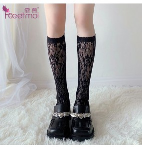 FEE ET MOI Floral Lace JK Knee High Socks (Black)